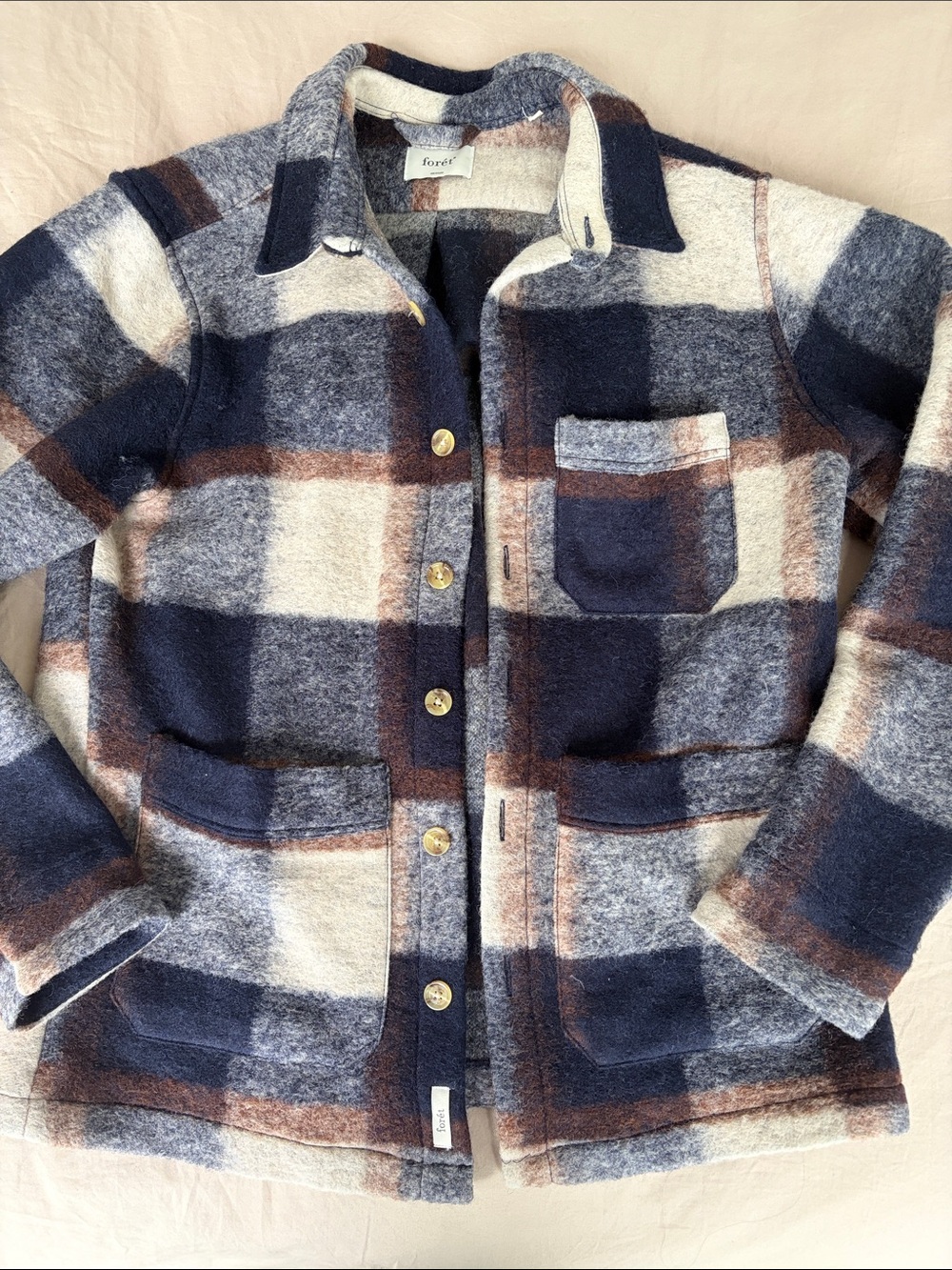 Forét Plaid Wool-Blend Button Shacket Jacket in Navy Cream Brown